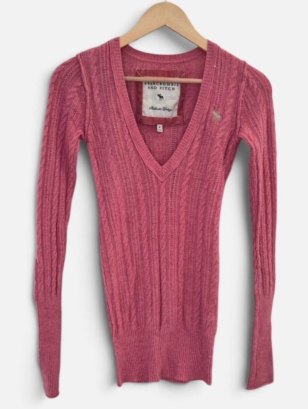 90' Abercrombie & Fitch Pink Cable‑Knit V‑Neck Sweater Viscose Rabbit Hair Med